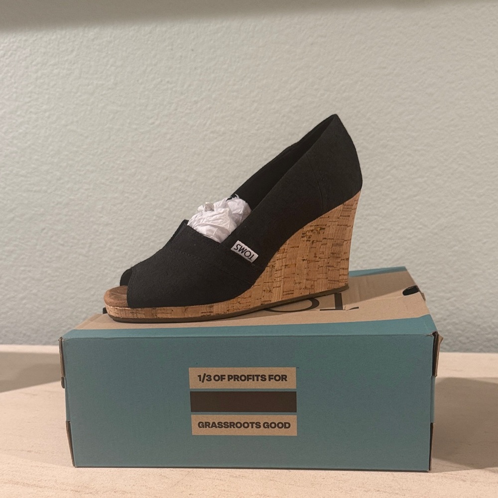 Toms Black Wedge Peep Toe Shoes